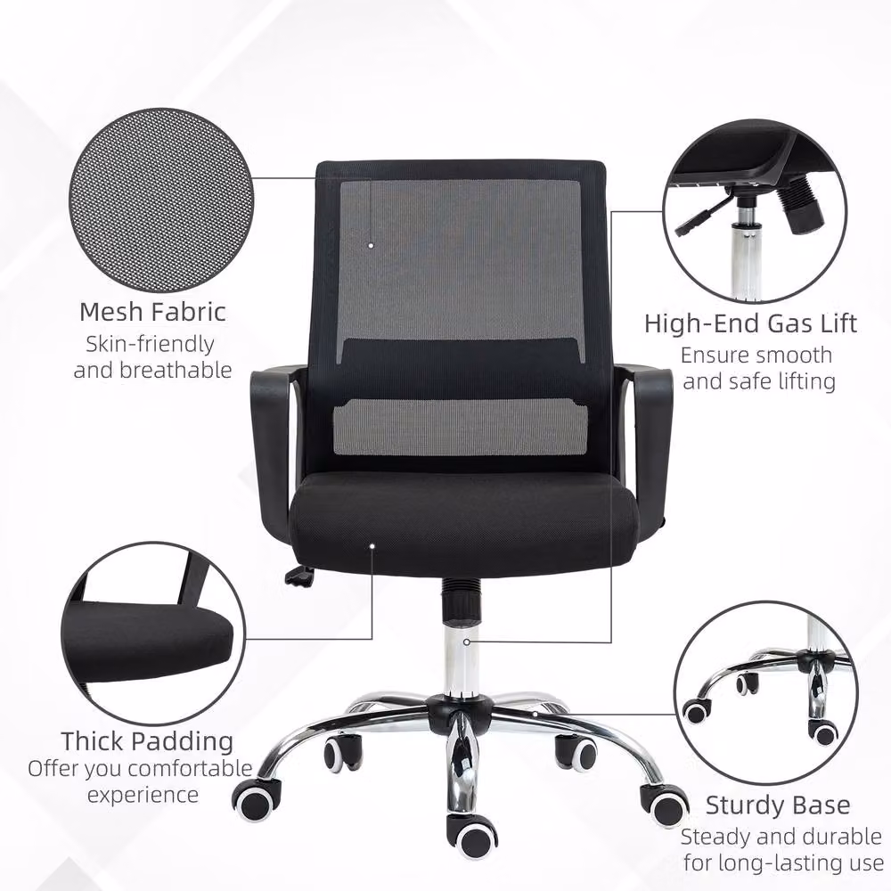 ERGOVEXA Modern Black Fabric Task Chair for Home Office with Armrests and Swivel Wheels – 6