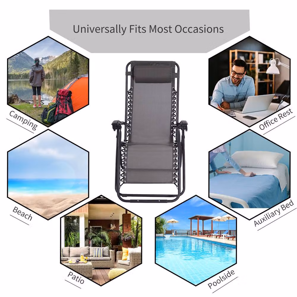 OUTSUNNY Zero Gravity Reclining Lounger Chair with Adjustable Headrest and Pillow in Grey – 4