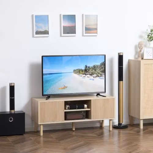 HOMCOM Classic Beige Wood TV Stand Cabinet with Media Compartments, W/D/H: 115 x 40 x 49 cm – 2