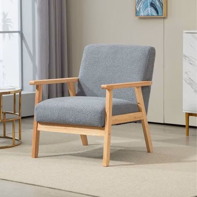 HOMCOM Grey Fabric Tub Accent Chair with Solid Pine Wood Frame