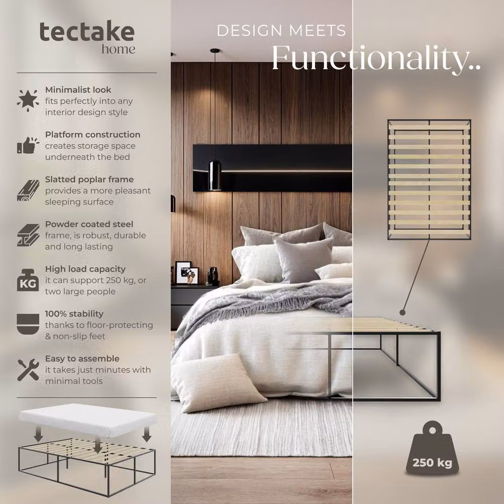 tectake Kyoto Double Bed Frame in Black with Wood Slats, W/D/H: 140 x 200 x 46.5 cm – 2