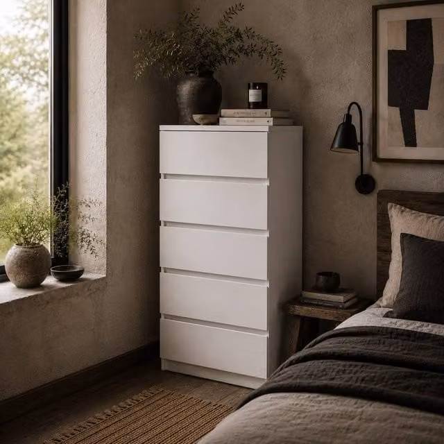Wyld Haus Staki 5 Drawer White Chest of Drawers with Modern Handleless Design