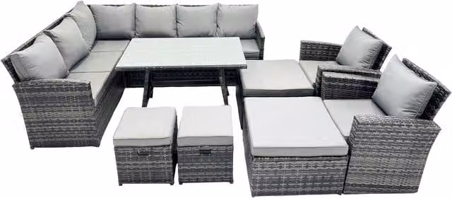 Fimous 12-Seat Poly Rattan Outdoor Corner Sofa and Dining Table Set in Dark Grey Mixed