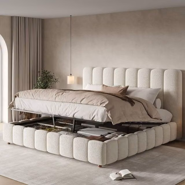 Matteo White Bouclé Upholstered King Size Bed with Hydraulic Storage, W/D/H: 180 x 200 x 165 cm – 1