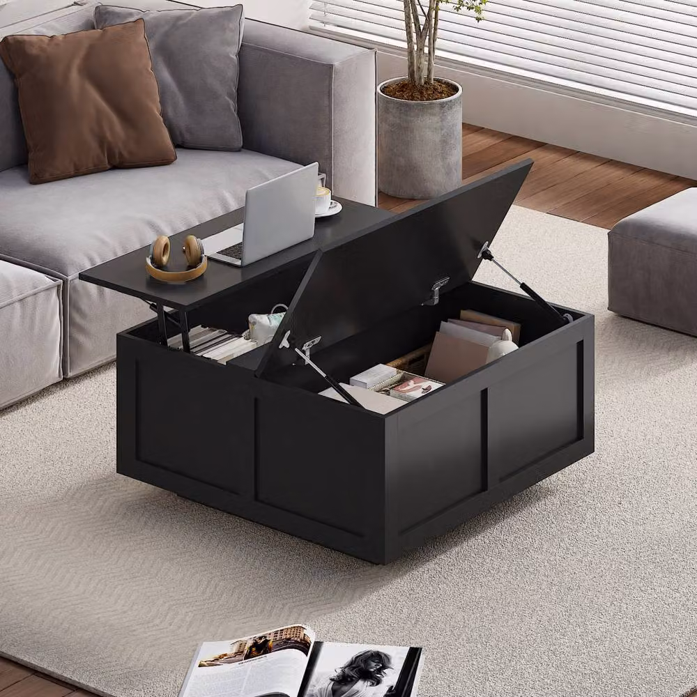 KEEPREAPER Square Lift Top Coffee Table with Hidden Storage in Black Wood – 3