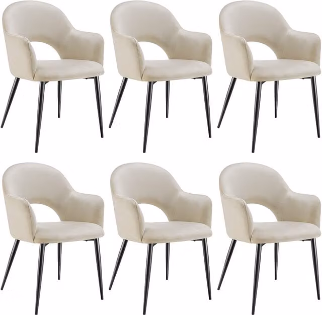 tectake Sasha Set of 6 Modern Dining Chairs in Cream Velvet with Oak Frame – 1