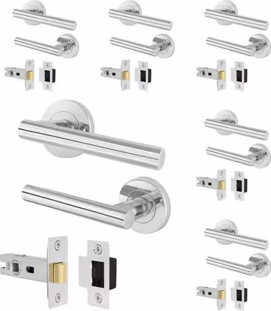 AFIT Olvera Range Chrome T-Bar Door Handles with Round Rose and Latch, 6 Pairs, Silver, W/D/H: 15 x 15 cm – 1