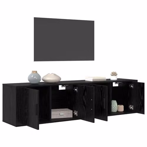vidaXL Modern Wall-mounted TV Cabinet Set of 2 in Black Matt Engineered Wood – 1