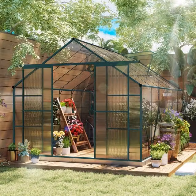 OUTSUNNY Polycarbonate Walk-in Outdoor Greenhouse with Double Sliding Doors, Clear, W: 243.84 cm, D: 244.0 cm, H: 215.0 cm