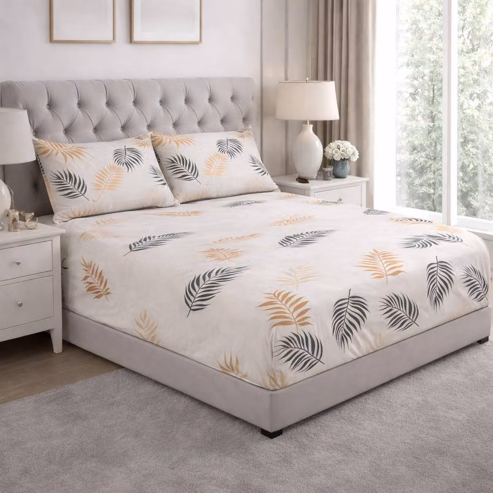 Homes-Linen 4 Piece Microfibre Bedding Set with Beige Floral Leaf Design, Single Size (90 x 200 cm) – 2