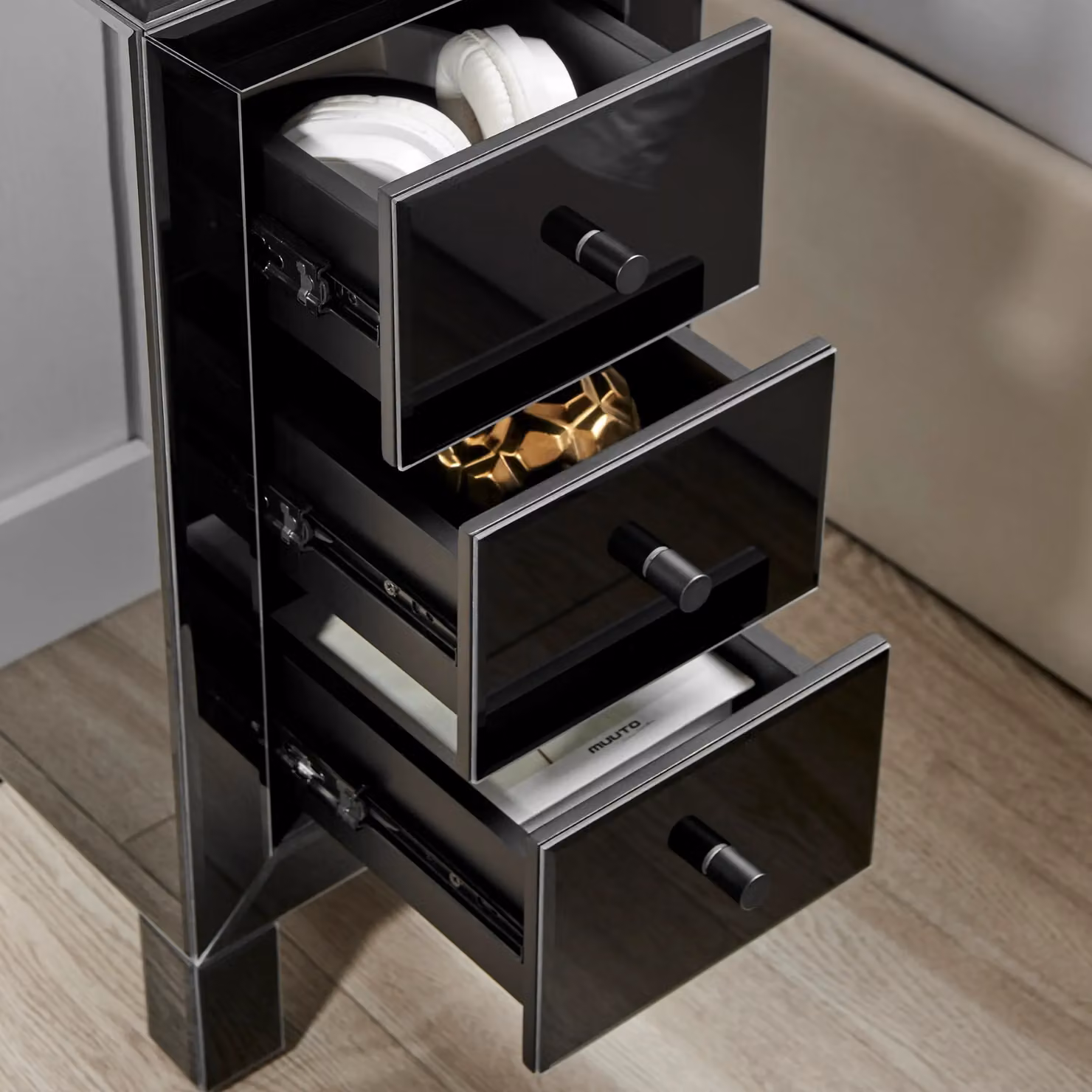FurnitureboxUK Lexi Small Slimline 3 Drawer Wooden Bedside Table with Modern Mirrored Finish in Black – 2