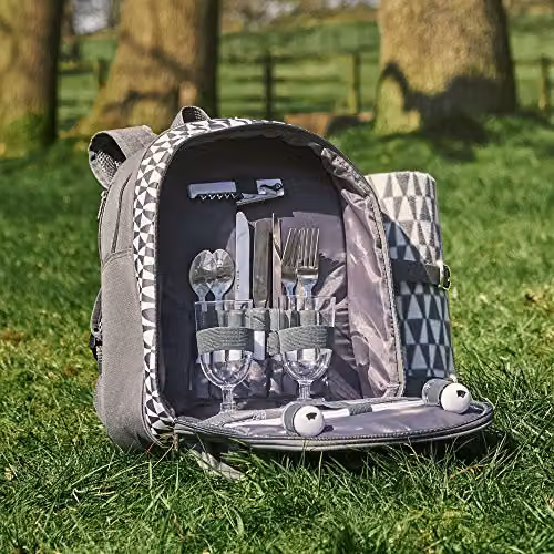 VonShef Grey 2 Person Picnic Backpack with Full Dining Set, Insulated Cooler Compartment and Waterproof Picnic Blanket – 2