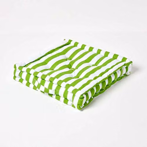 Homescapes Cotton Square Floor Cushion in Green and White, W/D/H: 40 x 40 x 8 cm
