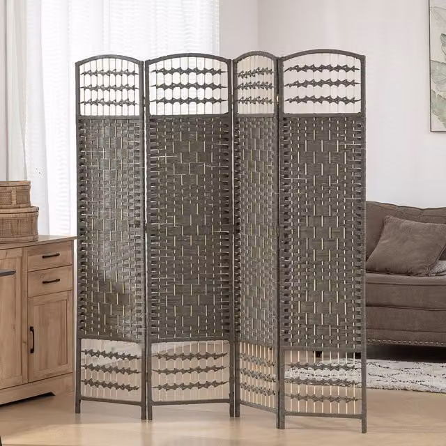 HOMCOM 4 Panel Folding Room Divider in Dark Grey Bamboo and Pine Wood for your Living Room, Bedroom or Home Office