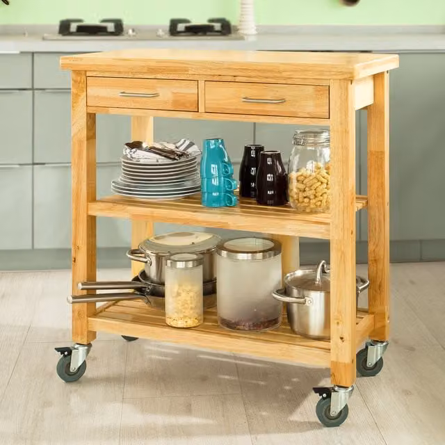 SoBuy Modern Rubberwood and Metal Kitchen Storage Trolley in Brown