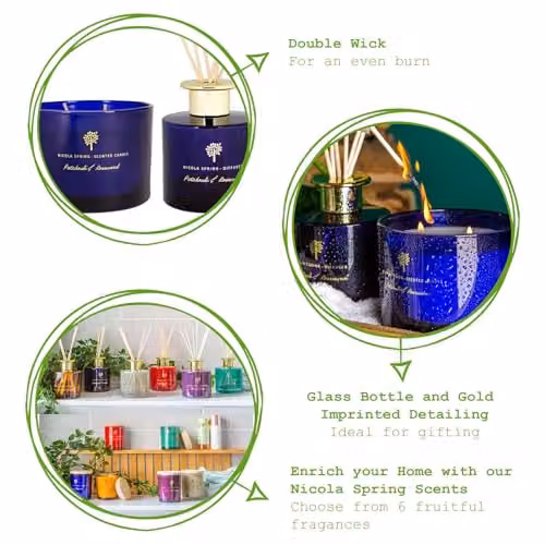 Nicola Spring Patchouli & Rosewood Scented Candle and Reed Diffuser Set in Blue, 350g Soy Wax Candle and 200ml Diffuser – 2