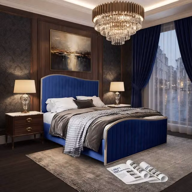 KDMD Hythe Upholstered Velvet Blue Metal Designer Bed Frame, W/D/H: 90 x 200 x 137 cm