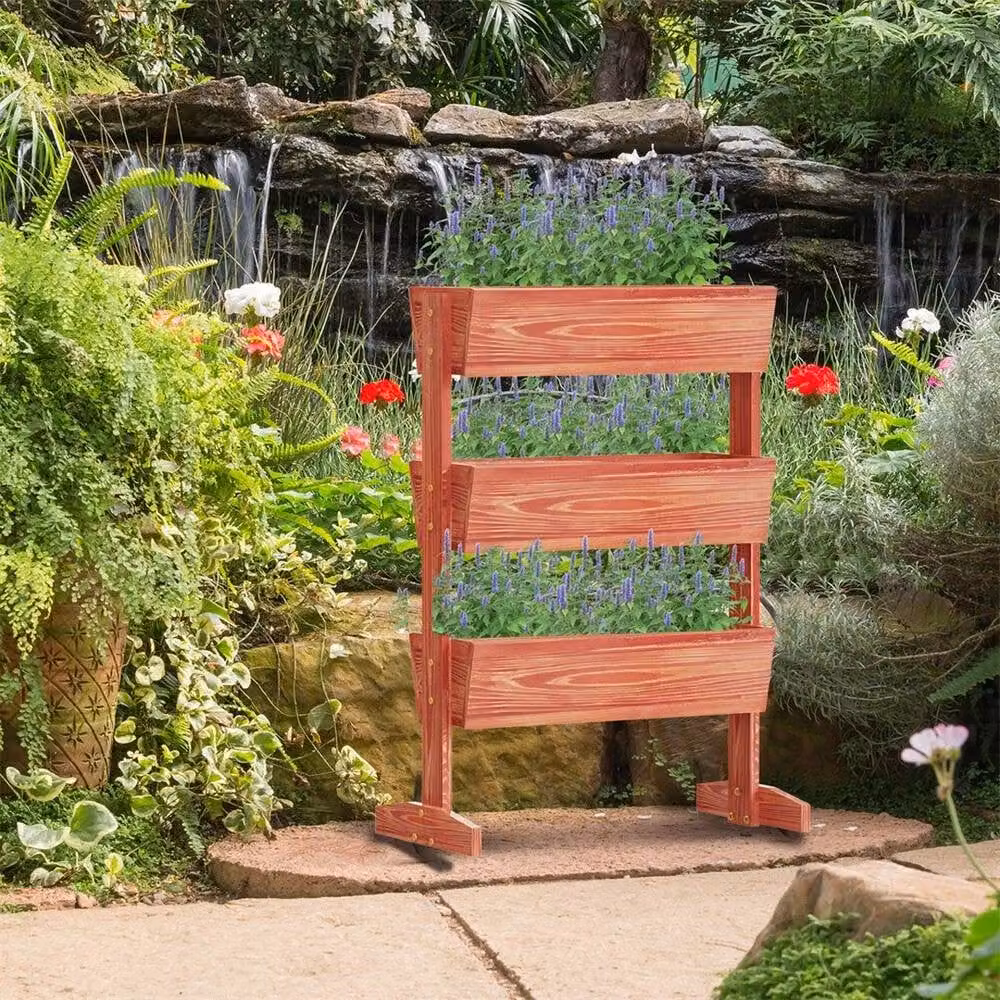 Kelvenix Rustic 3-Tiered Vertical Wooden Raised Garden Bed in Brown, W/D/H: 103.7 x 38.0 x 65.0 cm – 4