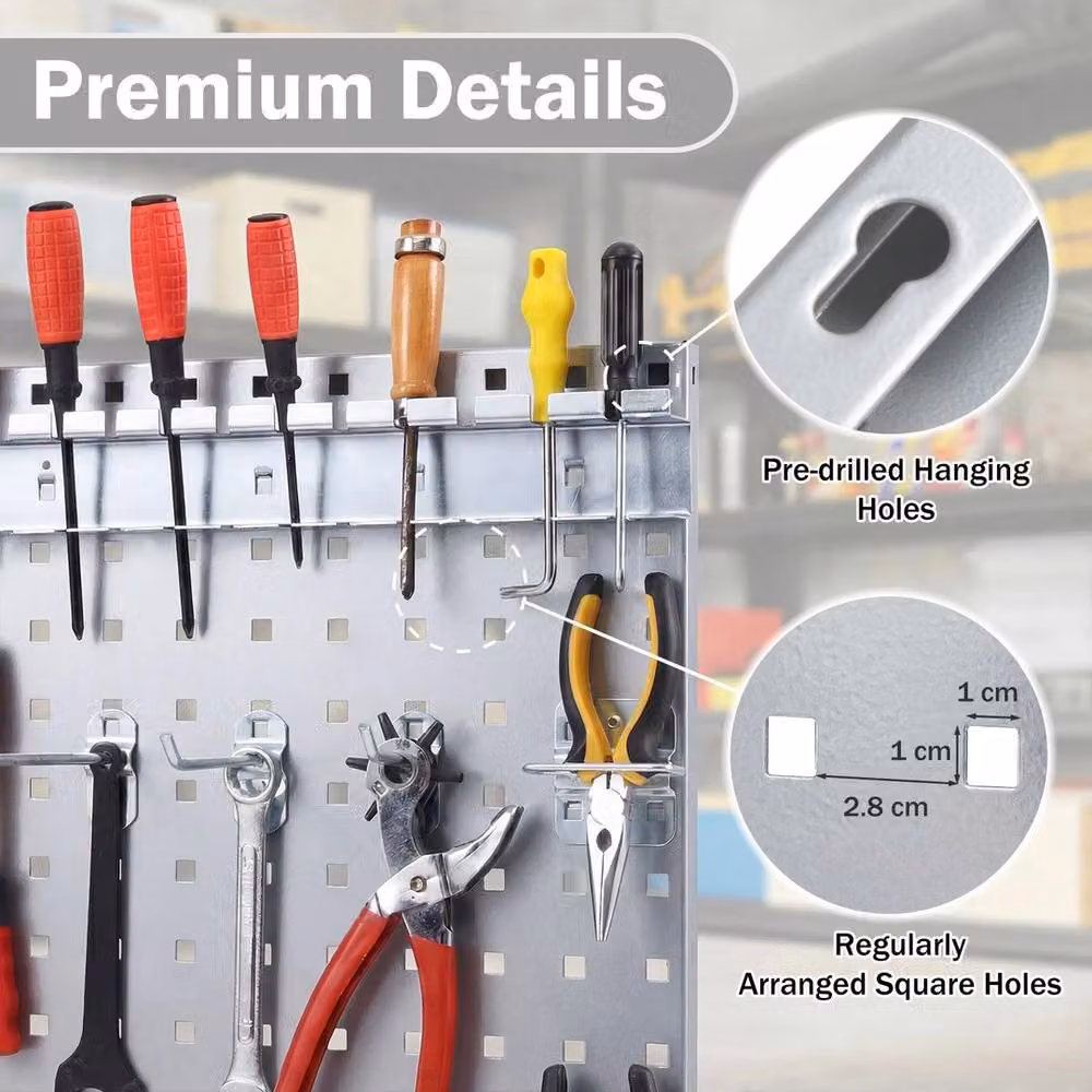 VOGREX Wall Mount Metal Pegboard Tool Storage Organizer Kit in Silver, W/D/H: 120 x 60 x 28 cm – 3