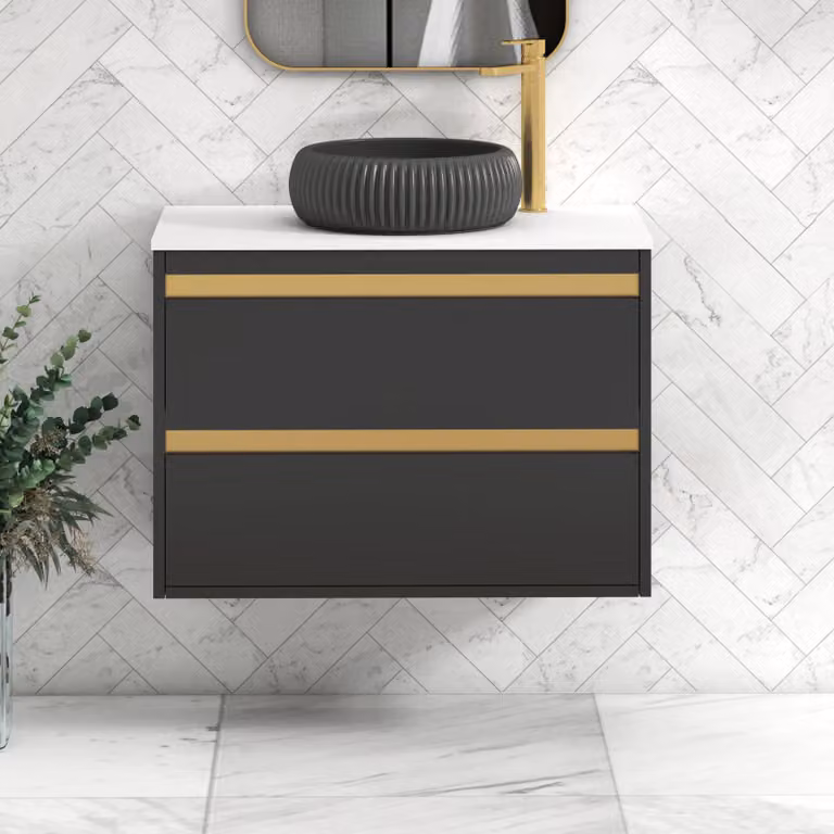 Royal Bathrooms Orion 800mm Wall Hung Vanity Unit with Milan Black Basin and Brushed Brass Accents in Matt Obsidian Black and Plain White
