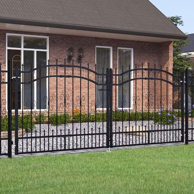 Berkfield Home Spear Top Fence Gate, Black Powder-coated Steel, W: 305 cm, H: 173 cm