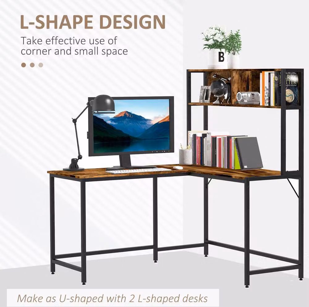 STILVORA L-Shaped Corner Desk with Storage Shelf and Steel Frame in Brown – 7