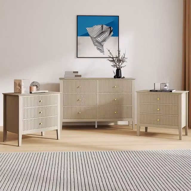 Melody Maison Hales Taupe Range 6 Drawer Chest of Drawers and Pair of Large Bedside Tables in Beige