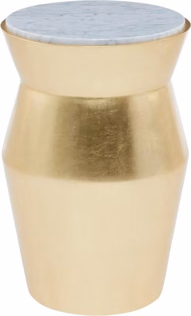 Orsina Modern Gold Drum Side Table with White Marble Top and Asymmetric Hourglass Design