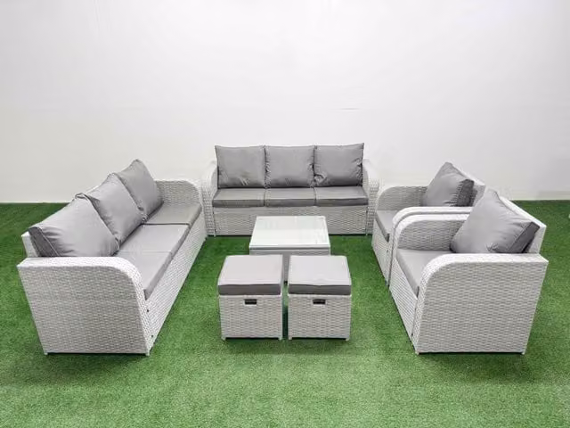 Fimous PE Rattan Patio Lounge Set in Light Grey with 3 Seater Sofa, Reclining Armchair, Ottomans and Square Coffee Table