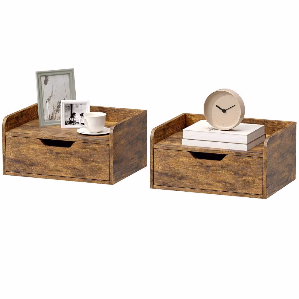 STILVORA Set of 2 Modern Wall Mounted Bedside Tables with Drawer in Dark Brown – 2
