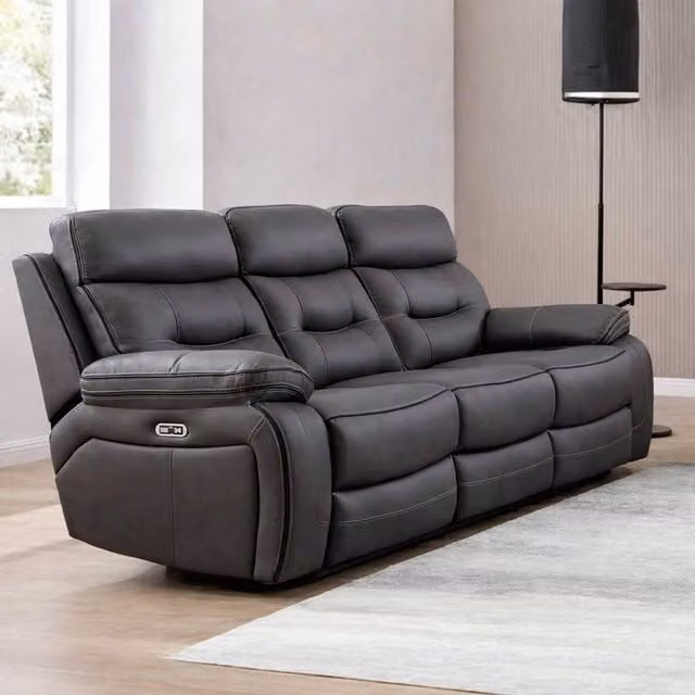 Furnishings For Less UK Renzo Grey 3 Seater Electric Recliner Sofa with USB Charging Ports and Synthetic Leather Upholstery W: 216 cm, H: 106 cm, D: 93 cm