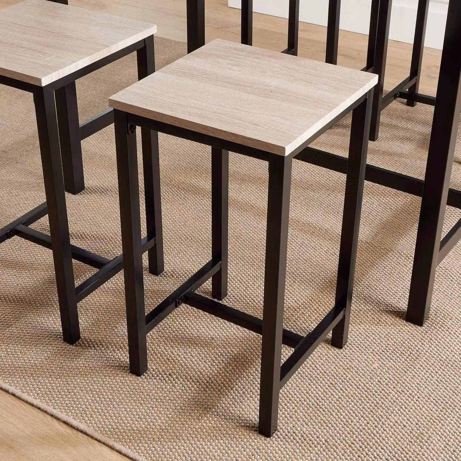 Home Source 5 Piece Industrial Dining Set with Metal Frame and MDF Top in Light Oak, Grey and Black – 2
