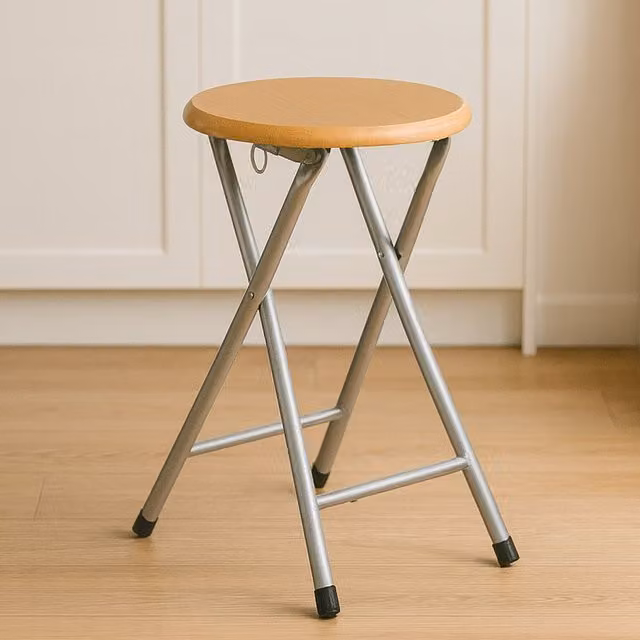 Orsina Fold Away Stool with Wood Veneer Seat and Silver Metal Frame – 1