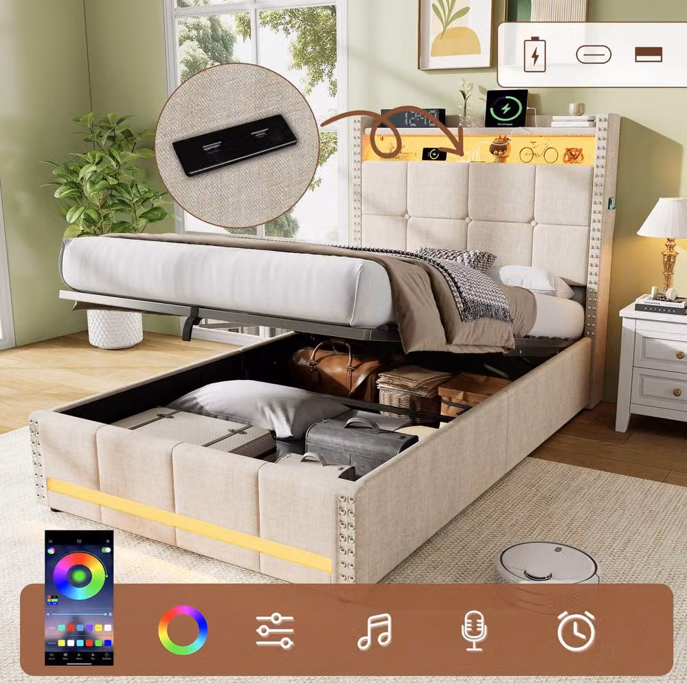 STILVORA Single Ottoman Bed in Beige with RGB LED Under-Bed Lighting and USB Charging Port, W/D/H: 90 x 190 x 91.44 cm – 2
