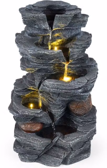 COSTWAY Grey Rectangular Stone Cascade Outdoor Tabletop Water Fountain W/D/H: 45.5 x 20.5 x 20.5 cm