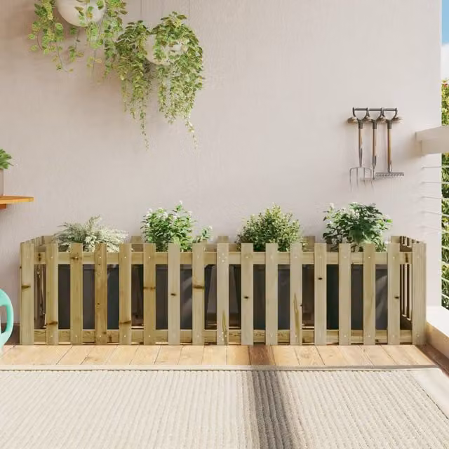 Berkfield Home Garden Raised Bed with Fence Design in Brown Impregnated Wood W/D/H: 200 x 50 x 50 cm