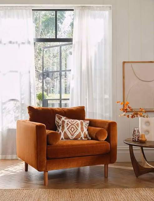 Barker and Stonehouse Moore Mid-Century Orange Velvet and Fabric Snuggle Chair with Armrests
