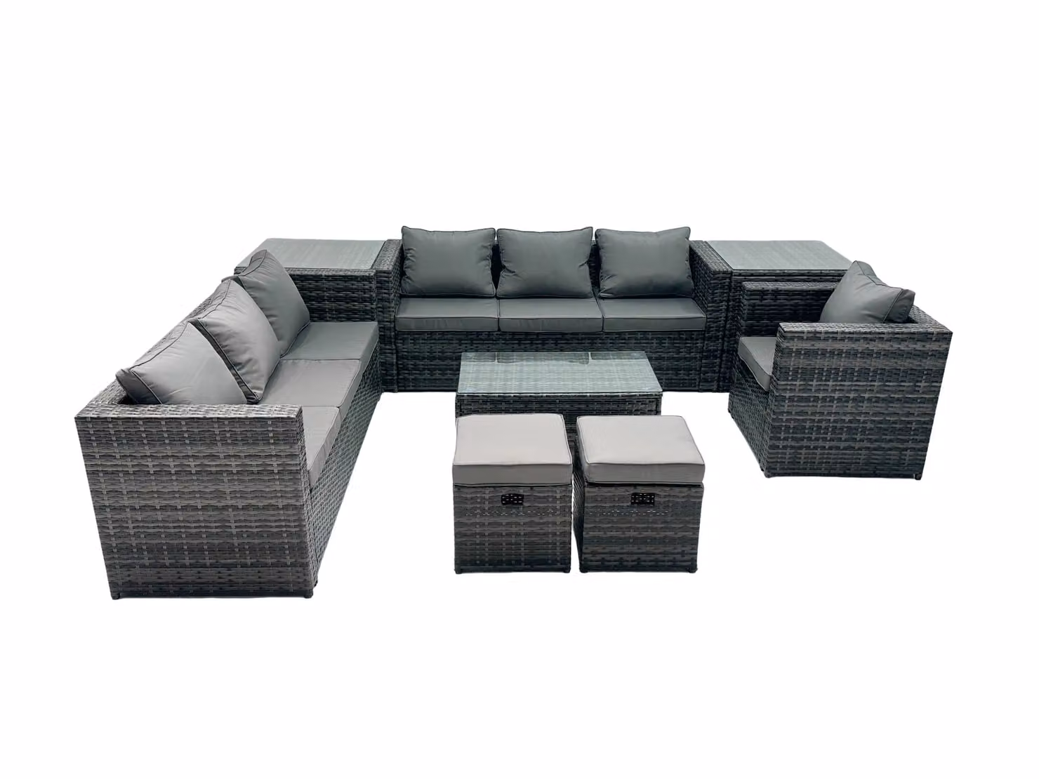 Fimous 9-Seater Patio Coffee Table Sofa Set with 2 Small Stools and 2 Side Tables in Dark Grey – 2