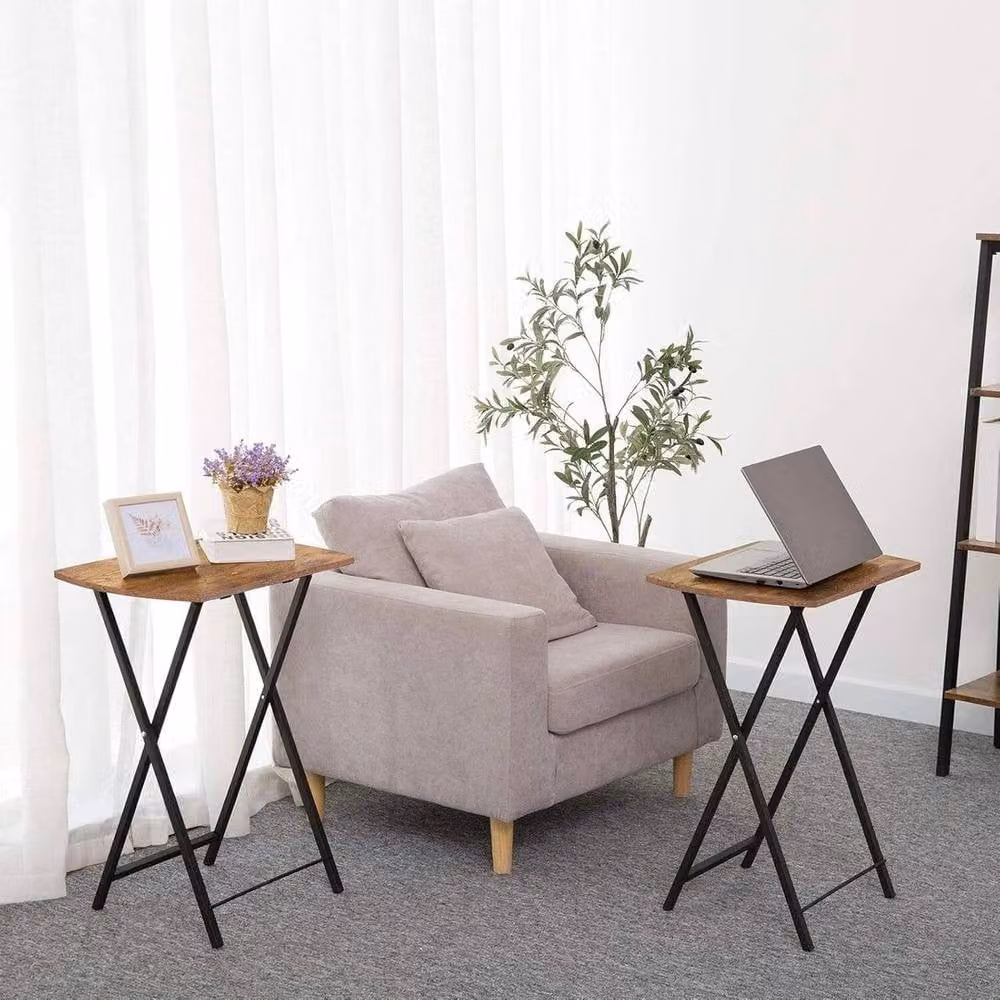 FORGEVIO Brown Folding Side Table with Rectangular Wood Top and Metal X-Frame – 4