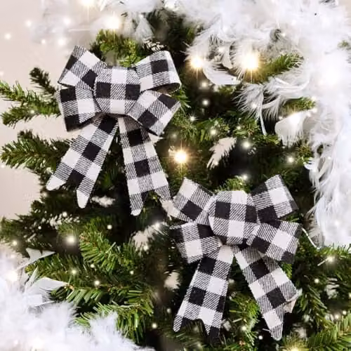 Melody Maison Set of 2 Black and White Checked Bow Hanging Decorations