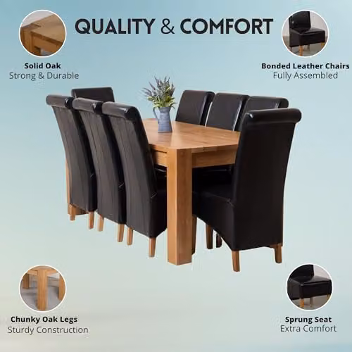 Thats Furniture Kuba Oak Dining Table and 8 Montana Black Leather Chairs Set, W: 180 cm, D: 90 cm – 2