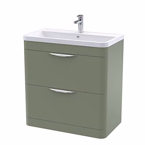 nuie Parade Modern 2 Drawer Bathroom Floor Standing Vanity Basin Cabinet with Ceramic Basin, Satin Green, W: 80.0 cm, D: 44.5 cm, H: 79.6 cm