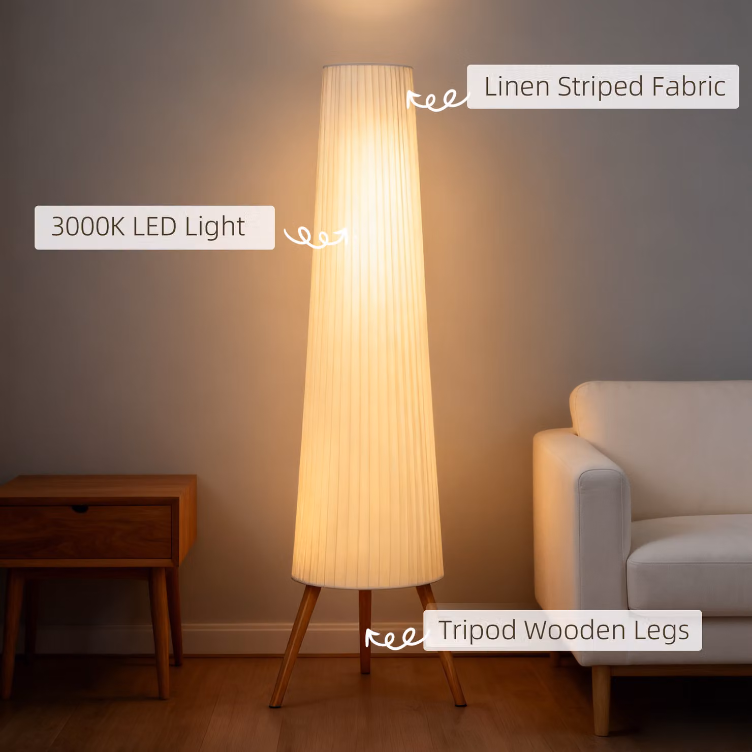 HOMCOM Dimmable Nordic Tripod Floor Lamp with Wood Legs and White Fabric Shade, Height: 153 cm – 4