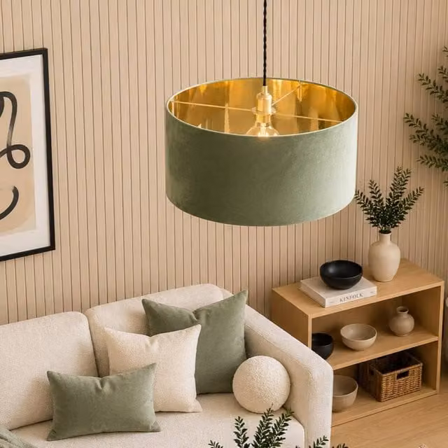 CGC Lighting Milano Oversized Large Cylinder Velvet Fabric Lamp Shade in Olive Green and Gold – 1