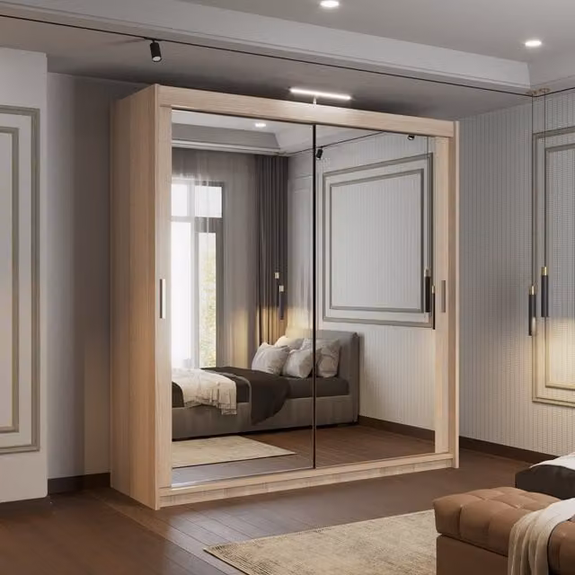 Sliding Wardrobes 4u Modern Sliding Door Wardrobe with Mirror, Internal Shelves, Hanging Rod and Integrated LED Lighting in White and Brown, H x W x D: 217 x 180 x 40 cm
