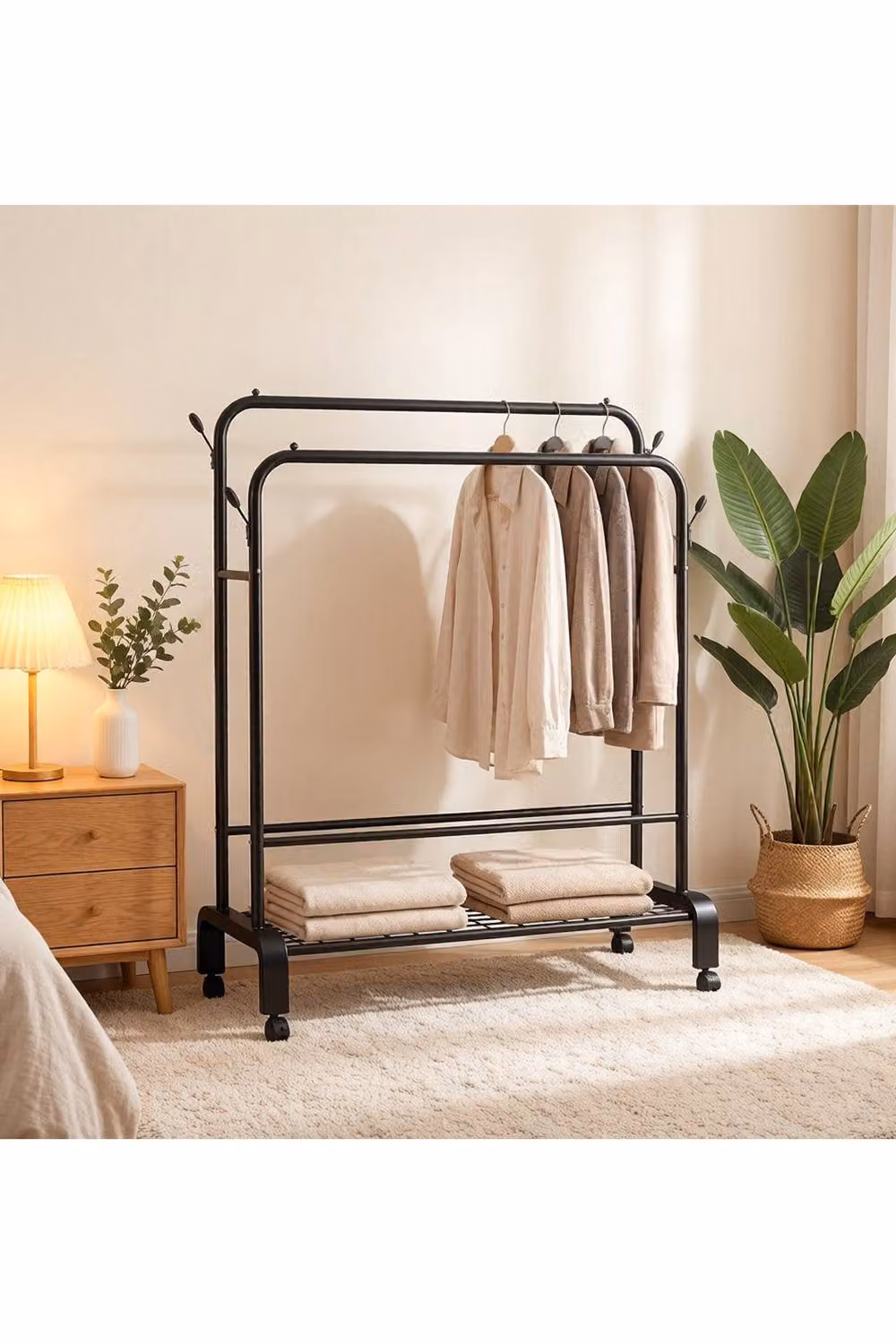 Garden Sanctuary Black Metal Double-Rod Clothes Rail with Wheels – 2
