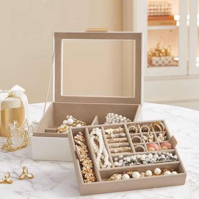 SONGMICS Jewellery Box with Lid, 2-Layer White and Gold Organiser with Removable Tray