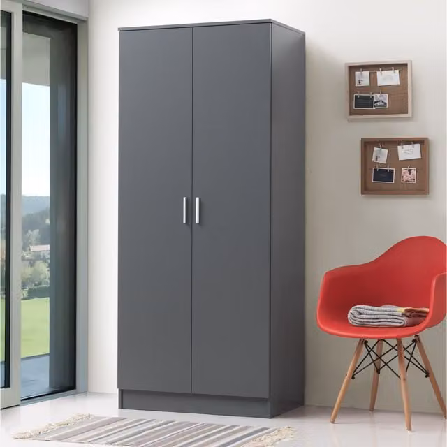 Timber Art Design Rio Costa 2 Door Double Wardrobe in Matt Grey, H 181 x W 76 x D 47 cm