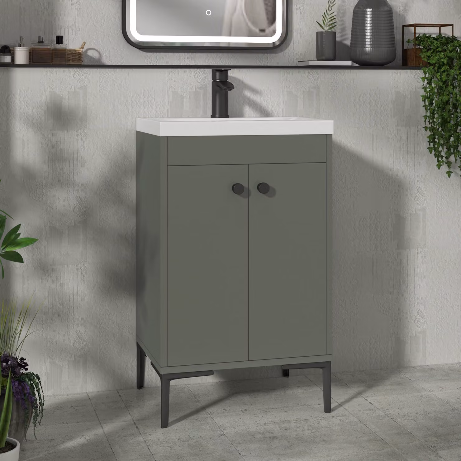 Royal Bathrooms Verona 500mm Matt Green Floor Standing 2 Door Vanity Unit with Mid-Edge Basin and Matt Black Knob