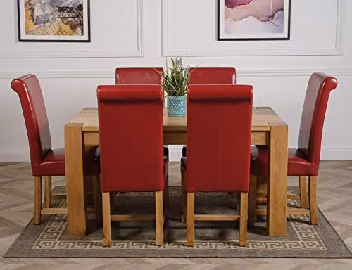 Oak Furniture King Kuba 6 Seater Solid Oak Dining Set with Washington Burgundy Leather Upholstered Chairs, Natural Finish, W: 150 cm, D: 85 cm, H: 78 cm – 2